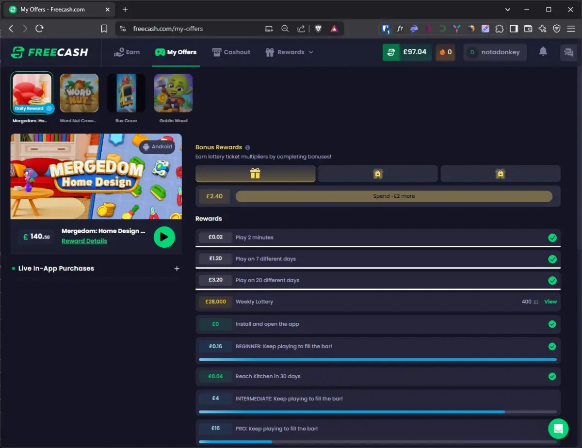 Screenshot of Freecash.com My Offers page showing Mergedom: Home Design game with tiered rewards ranging from £0.02 for playing 2 minutes to £16 for reaching PRO level