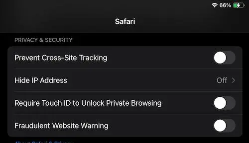 Safari Tracking Settings
