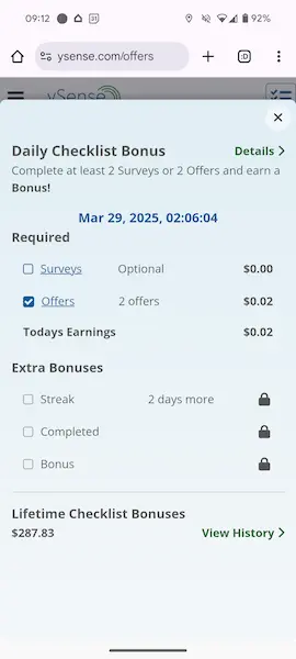 ySense daily checklist bonus interface showing how to earn 8% extra on all offers