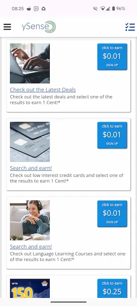 Screenshot of ySense low-value search offers that help complete the daily bonus checklist