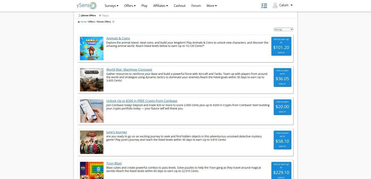ySense exclusive offer showing promotional rewards and payout details