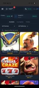 CashInStyle app showing paid game offers including Palmon, Rise of Kingdoms and Vegas Craze