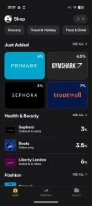 Cheddar Cashback app showing rates at Primark (6%), Gymshark (6.5%), Sephora (3%), Treatwell (7%), Boots (3.5%) and Liberty London (6%). Rates correct May 2026.