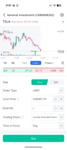 Webull Investing app showing a TESLA candlestick chart