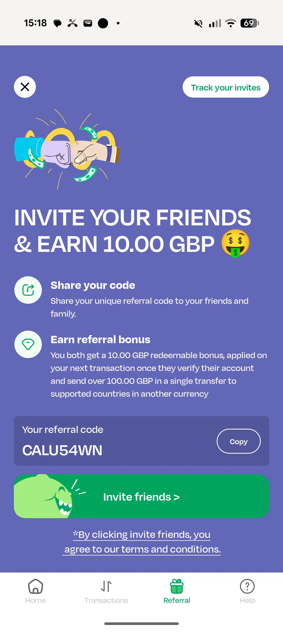 LemFi refer-a-friend sign-up bonus screen showing the £10 reward