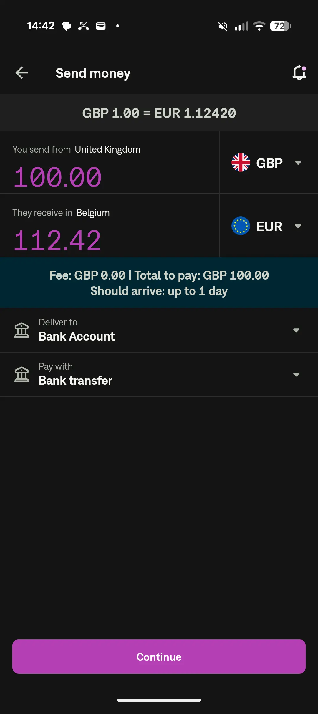 Skrill money transfer screen showing an international transfer being sent