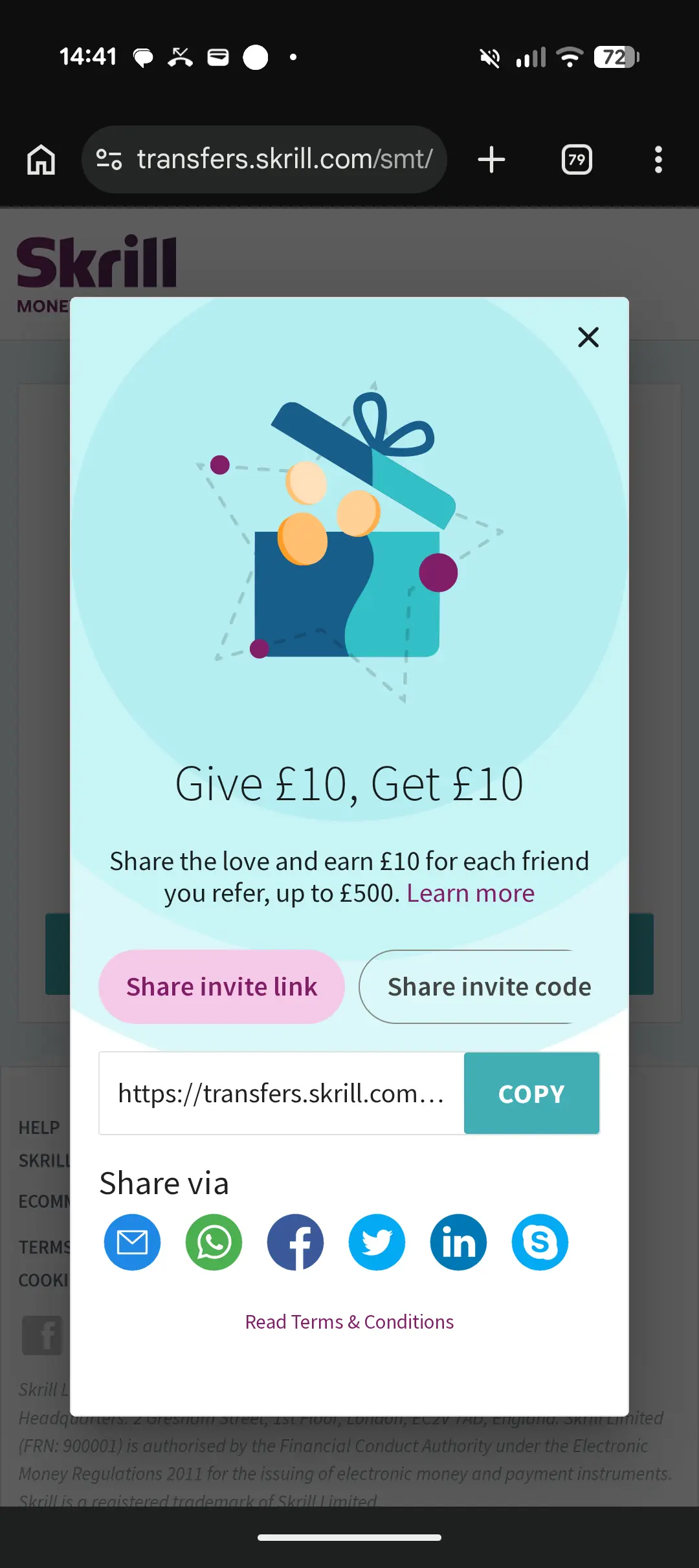 Skrill refer-a-friend sign-up bonus screen showing the £10 transfer credit