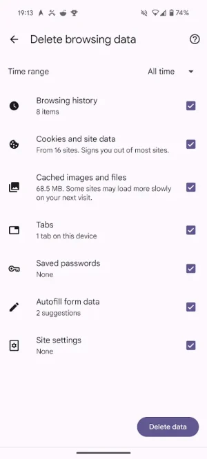 Google Chrome Clear Browsing Data